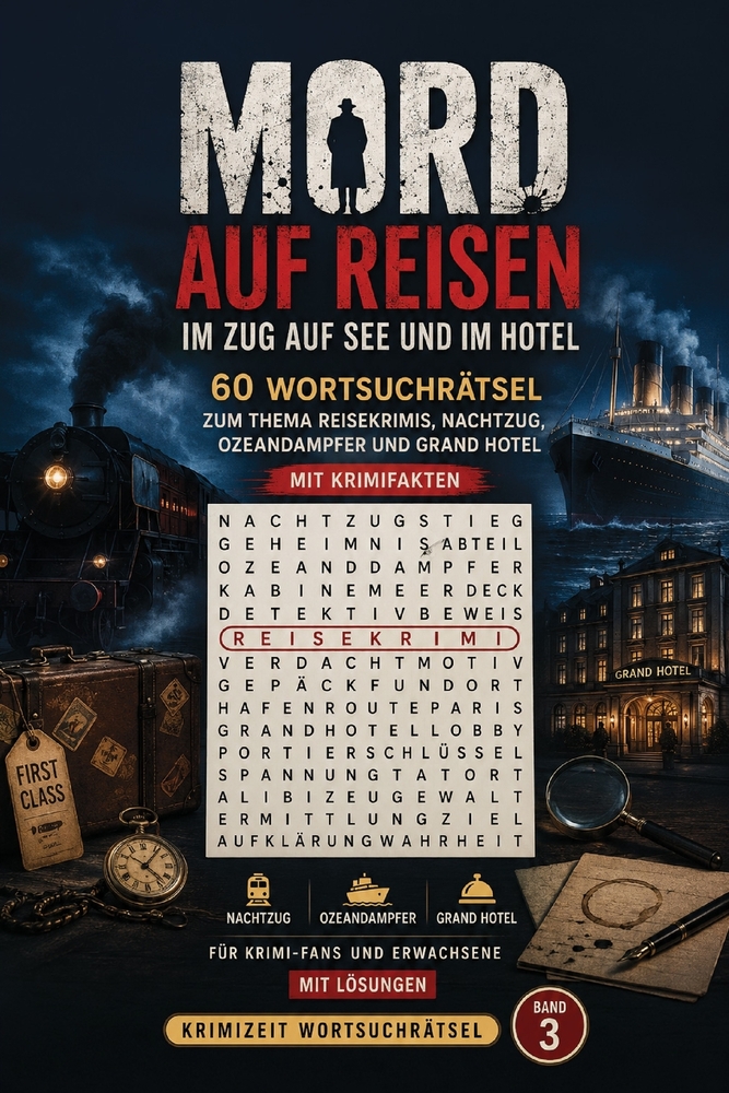 Wortsuchrätsel - Mord auf Reisen: Im Zug, auf See und im Hotel: 60 Wortsuchrätsel zum Thema Reisekrimis, Nachtzug, Ozeandampfer und Grand Hotel - mit cover