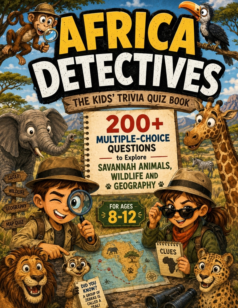Africa Detectives - The Kids' Trivia Quiz Book: 200+ Multiple-Choice Questions to Explore Savannah Animals, Wildlife and Geography - For Ages 8-12 cover