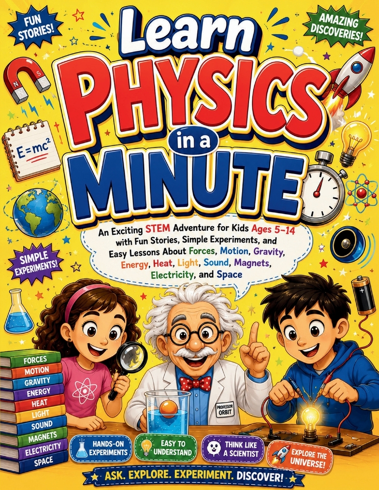 Learn Physics in a Minute: An Exciting STEM Adventure for Kids Ages 5-14 with Fun Stories, Simple Experiments, and Easy Lessons About Forces, Motion, cover