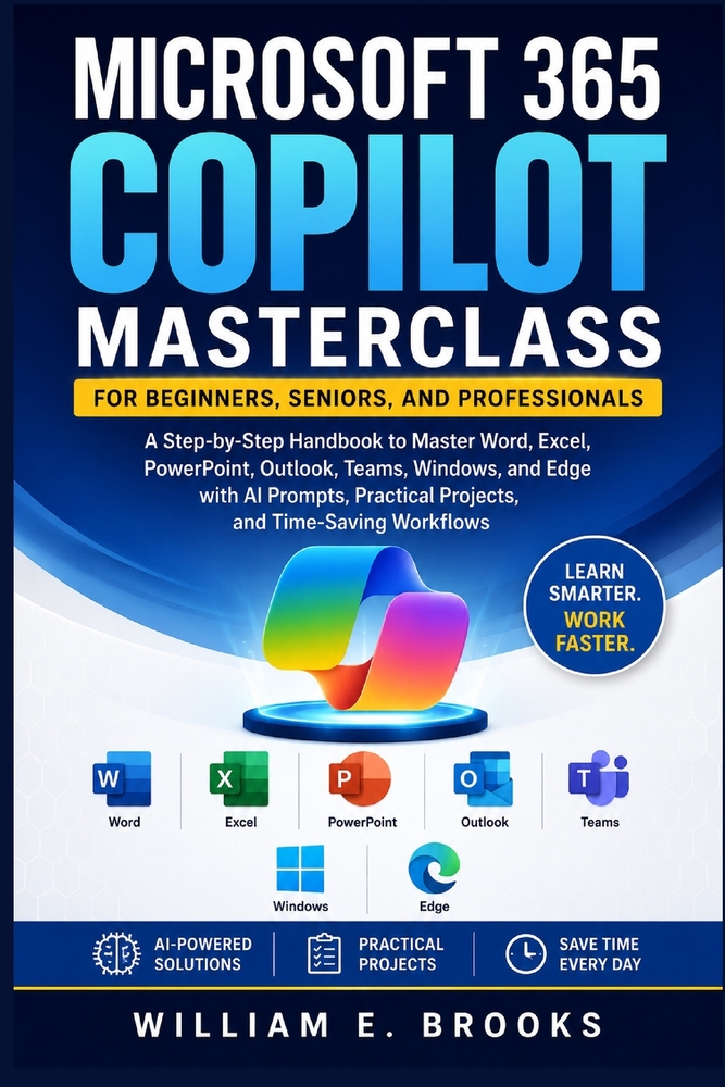Microsoft 365 Copilot Masterclass for Beginners, Seniors, and Professionals: A Step-by-Step Handbook to Master Word, Excel, PowerPoint, Outlook, Teams cover