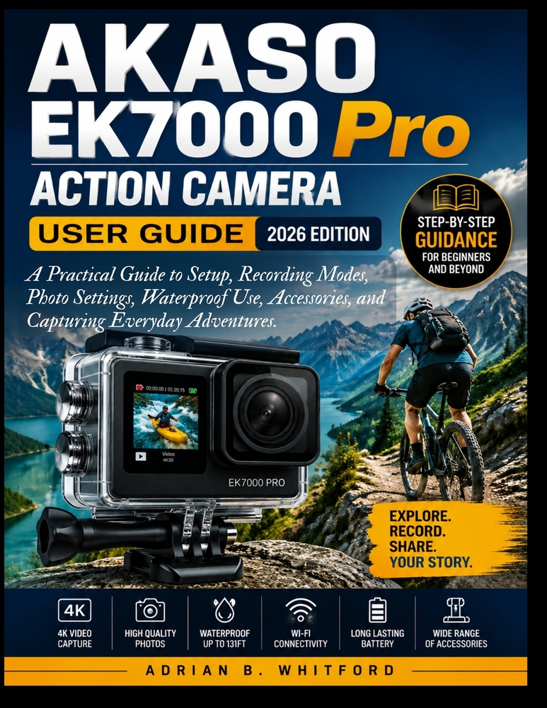 AKASO EK7000 Pro Action Camera User Guide 2026 Edition: A Practical Guide to Setup, Recording Modes, Photo Settings, Waterproof Use, Accessories, and cover