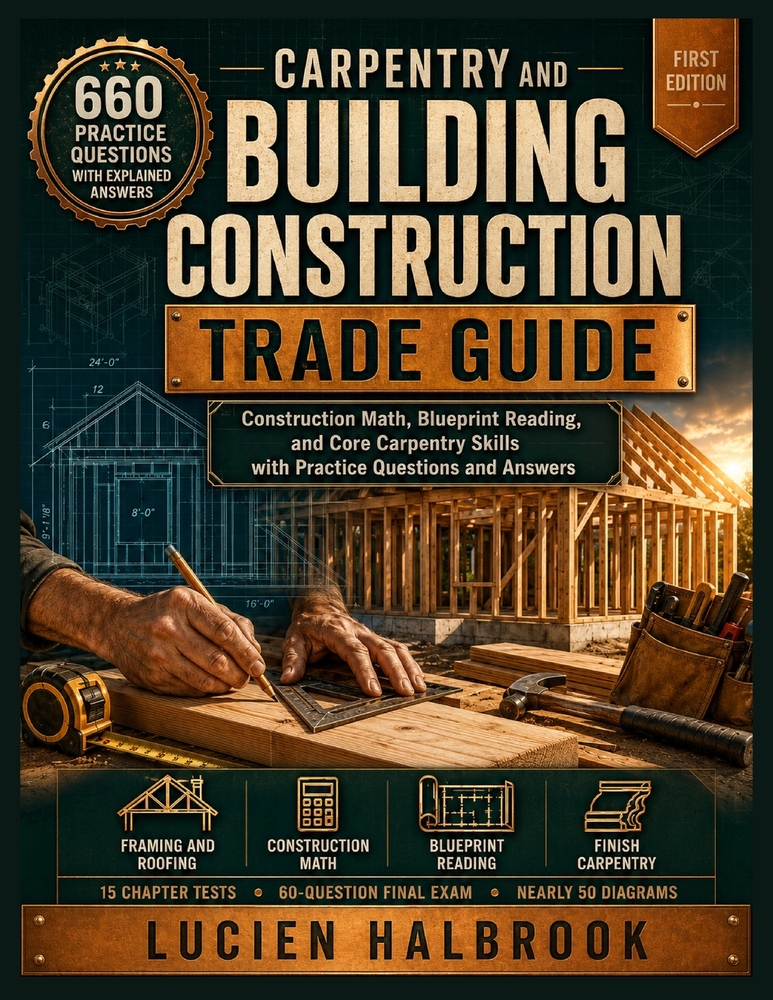 Carpentry and Building Construction Trade Guide: Construction Math, Blueprint Reading, and Core Carpentry Skills with Practice Questions and Answers cover