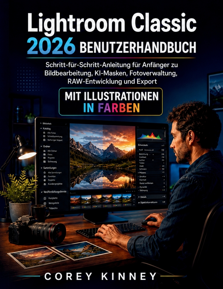 Lightroom Classic 2026 BENUTZERHANDBUCH: Schritt-fur-Schritt-Anleitung fur Anfanger zu Bildbearbeitung, KI-Masken, Fotoverwaltung, RAW-Entwicklung und cover