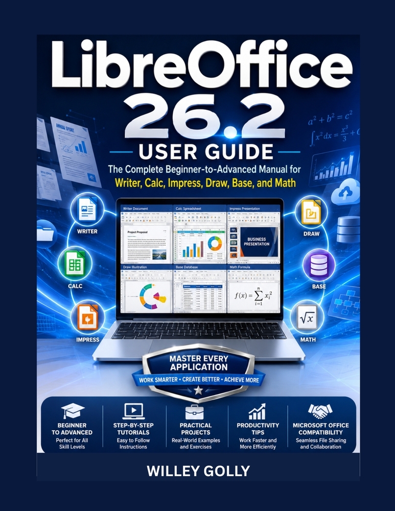 LibreOffice 26.2 User Guide: The Complete Beginner-to-Advanced Manual for Writer, Calc, Impress, Draw, Base, and Math cover