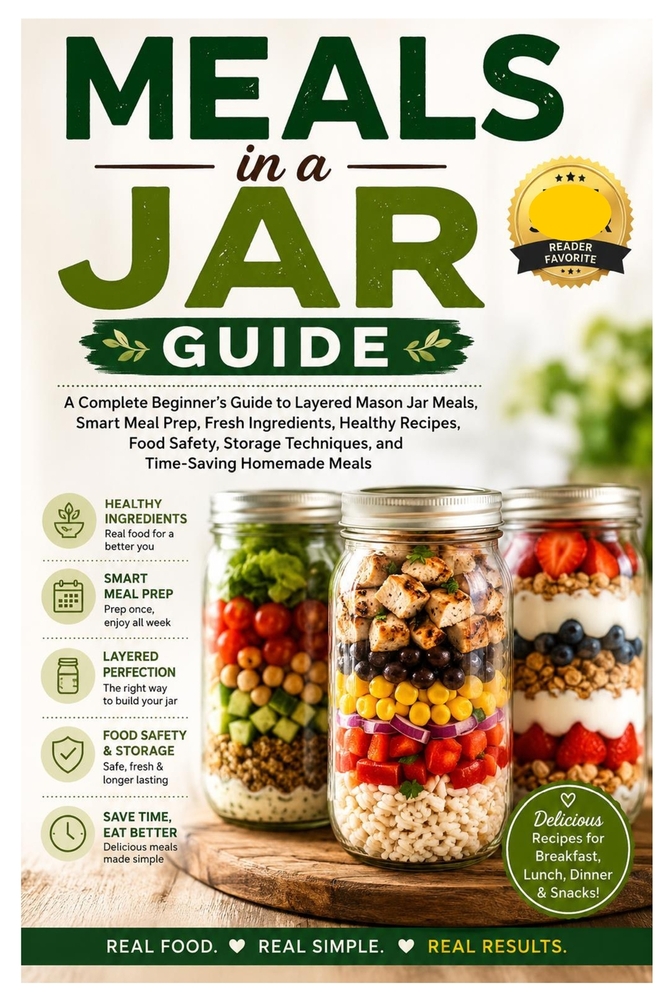 Meals in a Jar Guide: A Complete Beginner's Guide to Layered Mason Jar Meals, Smart Meal Prep, Fresh Ingredients, Healthy Recipes, Food Safety, Storag cover
