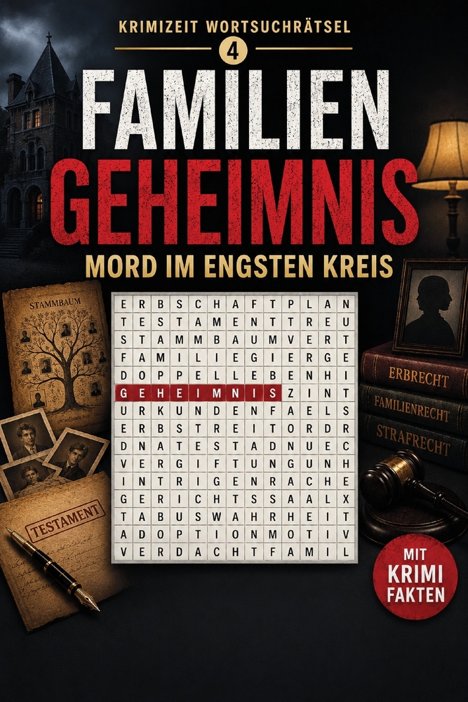 Wortsuchrätsel - Familiengeheimnis: Mord im engsten Kreis: 60 Wortsuchrätsel zu Erbschaft, Familienstreit, dunklen Geheimnissen und Mord in der Famili cover