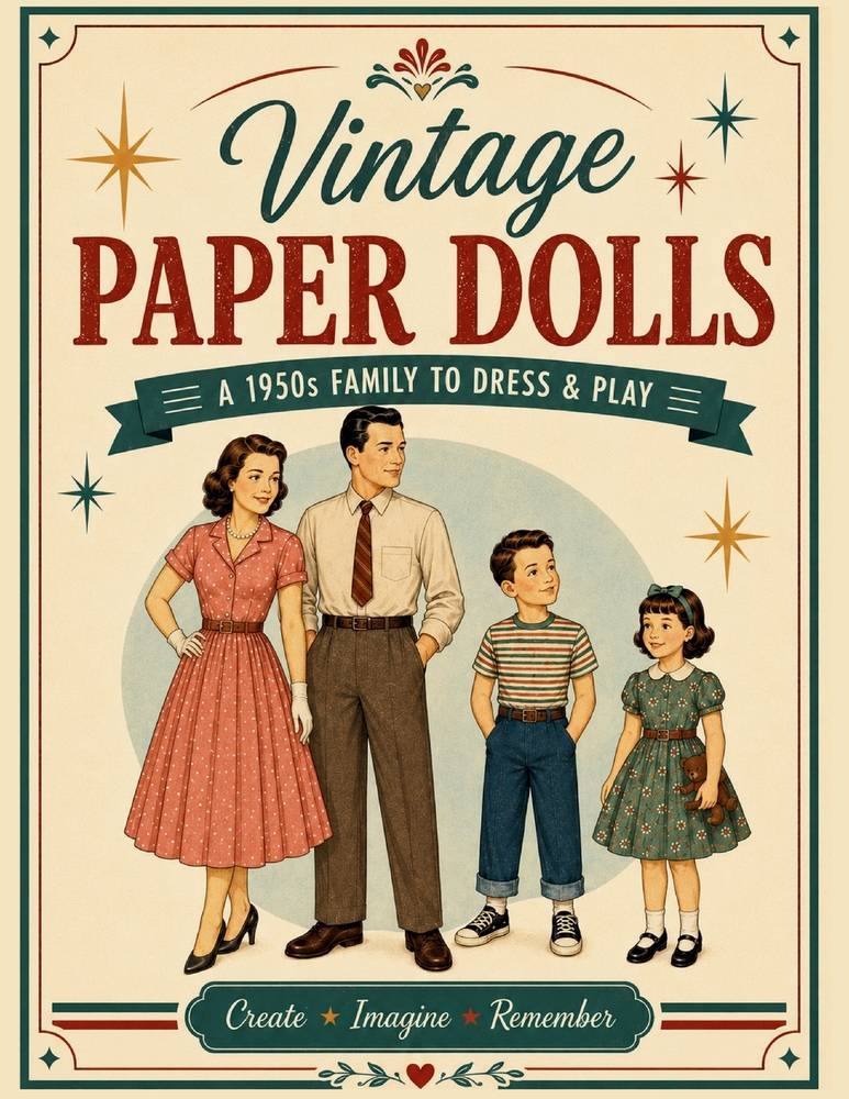 Vintage Paper Dolls: Dress Up a Charming 1950s Family: 40+ Mix & Match Outfits, Accessories, Beautiful Play Scenes & Hours of Creative Fun cover
