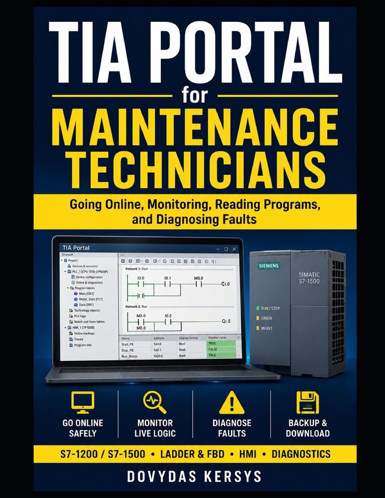 TIA Portal for Maintenance Technicians: A Practical Guide to Going Online, Monitoring PLC Logic, Reading Programs, and Diagnosing S7-1200 and S7-1500 cover