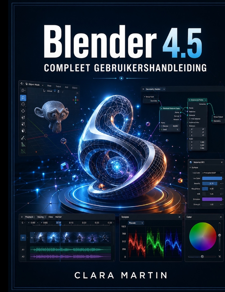 Blender 4.5 COMPLEET GEBRUIKERSHANDLEIDING: Een stapsgewijze handleiding voor 3D-modellering, animatie, rendering en geometrieknooppunten in de nieuws cover