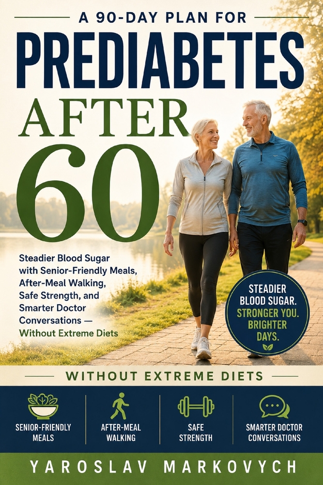 Prediabetes After 60: A 90-Day Plan for Steadier Blood Sugar with Senior-Friendly Meals, After-Meal Walking, Safe Strength, and Smarter Doctor Convers cover