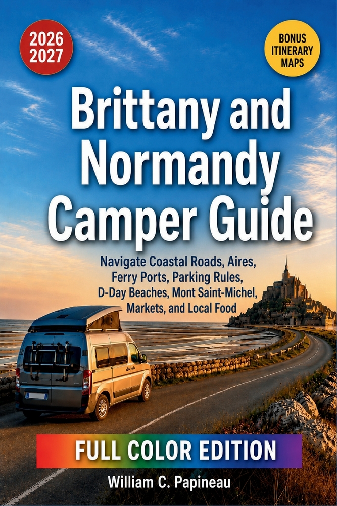 Brittany and Normandy Camper Guide 2026-2027: Navigate Coastal Roads, Aires, Ferry Ports, Parking Rules, D-Day Beaches, Mont Saint-Michel, Markets, an cover
