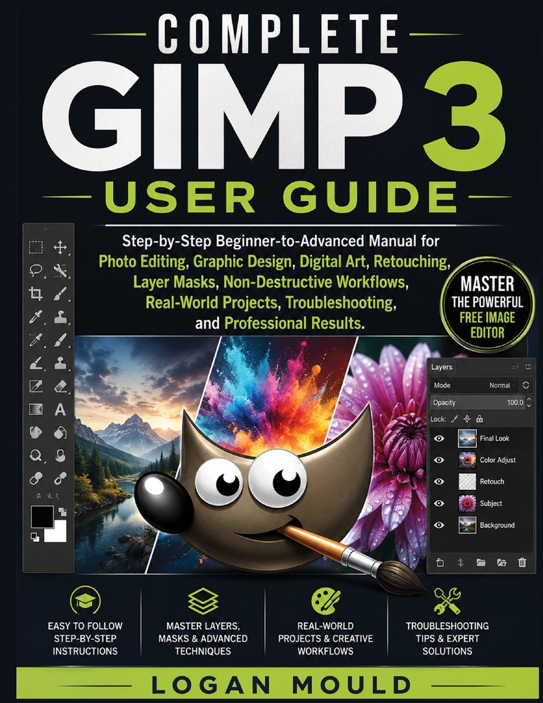 Complete Gimp 3 User Guide: Step-by-Step Beginner-to-Advanced Manual for Photo Editing, Graphic Design, Digital Art, Retouching, Layer Masks, Non-Dest cover