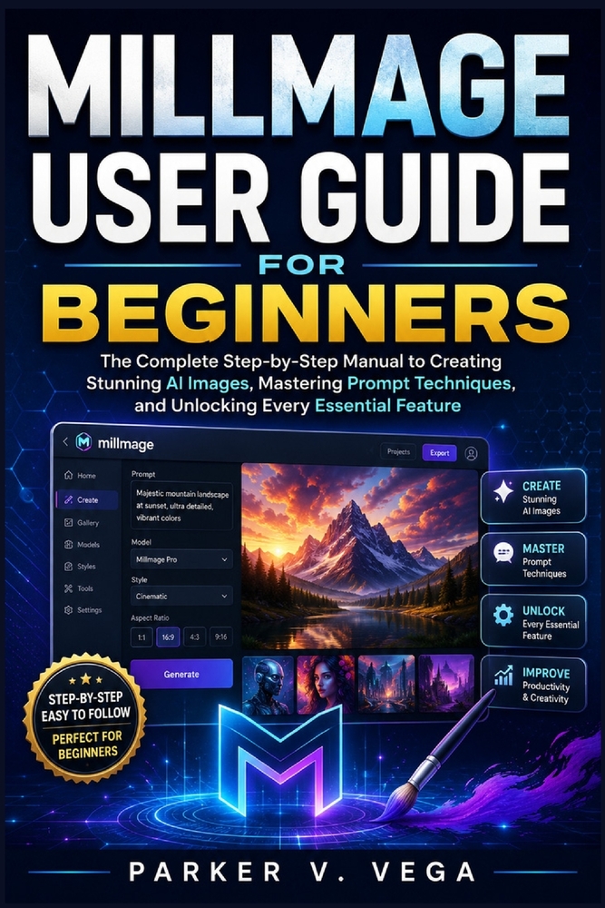 Millmage User Guide for Beginners: The Complete Step-by-Step Manual to Creating Stunning AI Images, Mastering Prompt Techniques, and Unlocking Every E cover