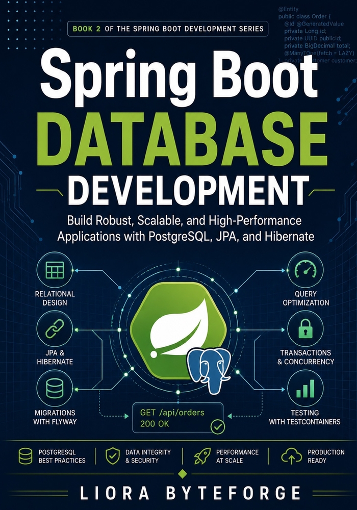 Spring Boot Database Development: Master PostgreSQL, JPA, Hibernate, Relationships, Transactions, Migrations, and Performance cover