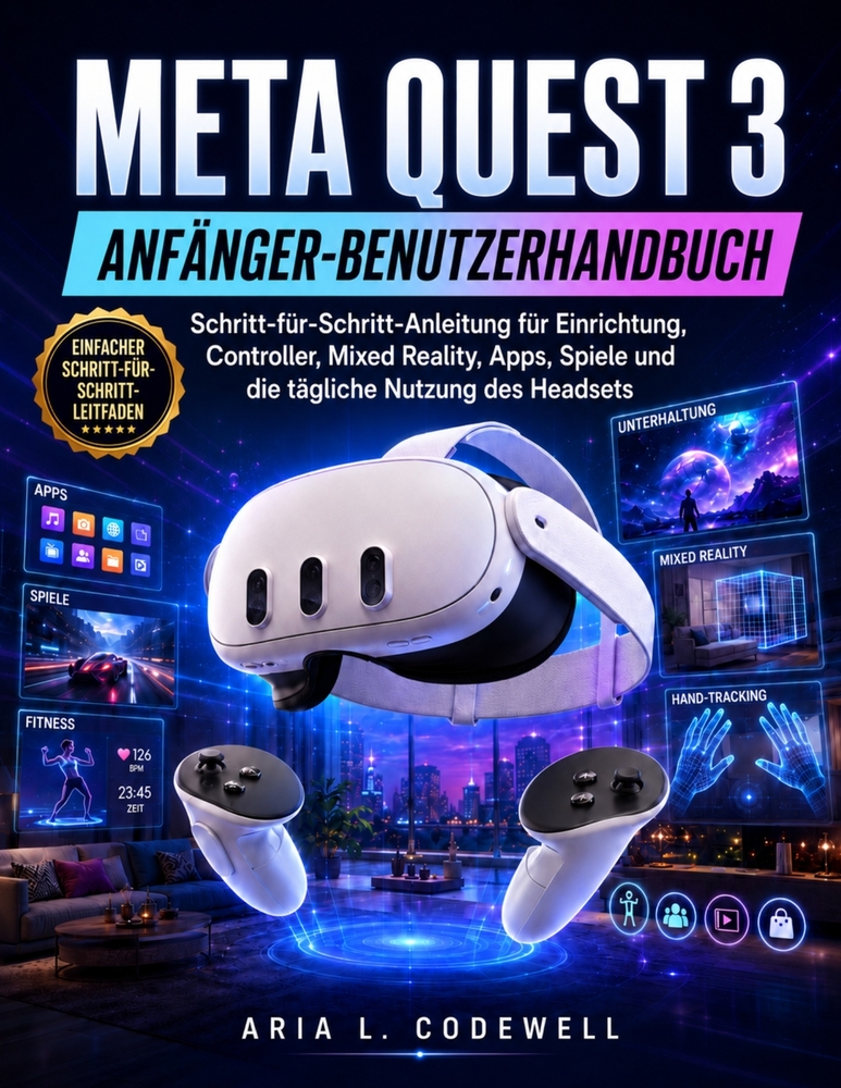 Meta Quest 3 Anfänger-Benutzerhandbuch: Schritt-für-Schritt-Anleitung für Einrichtung, Controller, Mixed Reality, Apps, Spiele und die tägliche Nutzun cover