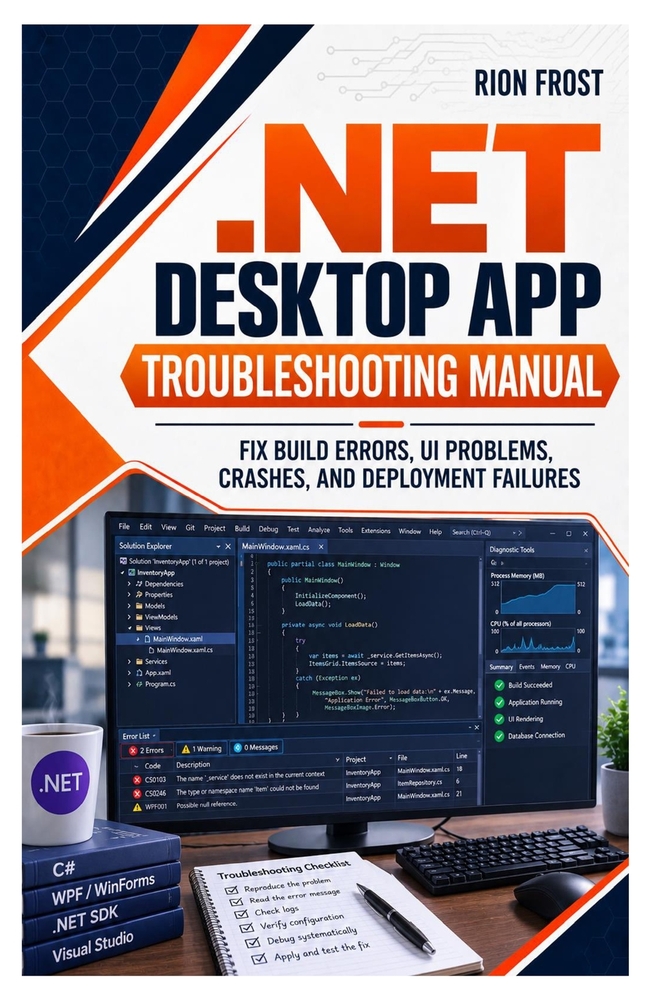.NET Desktop App Troubleshooting Manual: Fix Build Errors, UI Problems, Crashes, and Deployment Failures cover