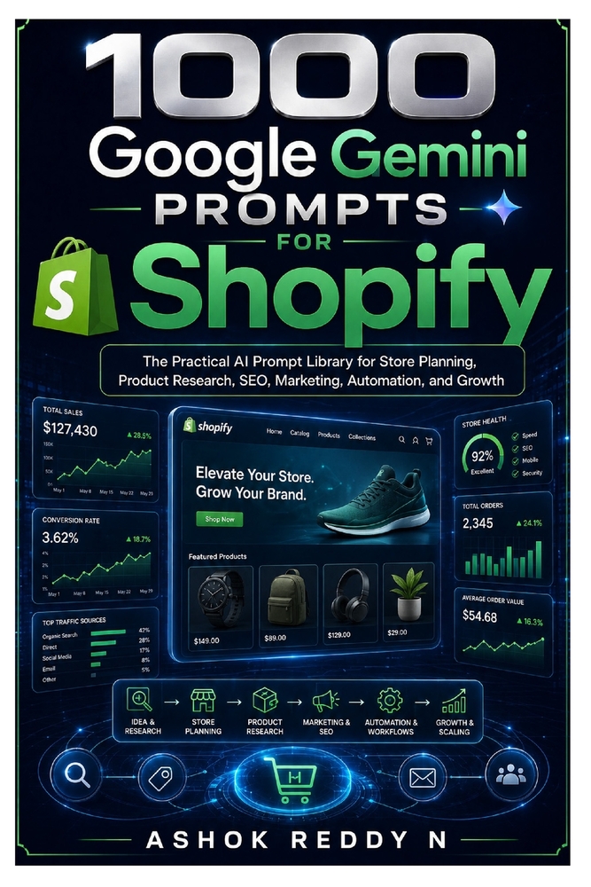 1000 Google Gemini Prompts for Shopify: The Practical AI Prompt Library for Store Planning, Product Research, SEO, Marketing, Automation, and Growth cover