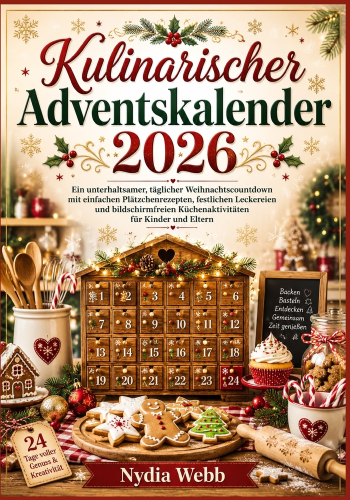 Kulinarischer Adventskalender 2026: Ein unterhaltsamer, täglicher Weihnachtscountdown mit einfachen Plätzchenrezepten, festlichen Leckereien und bilds cover
