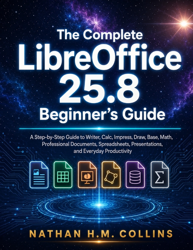 The Complete LibreOffice 25.8 Beginner's Guide: A Step-by-Step Guide to Writer, Calc, Impress, Draw, Base, Math, Professional Documents, Spreadsheets, cover