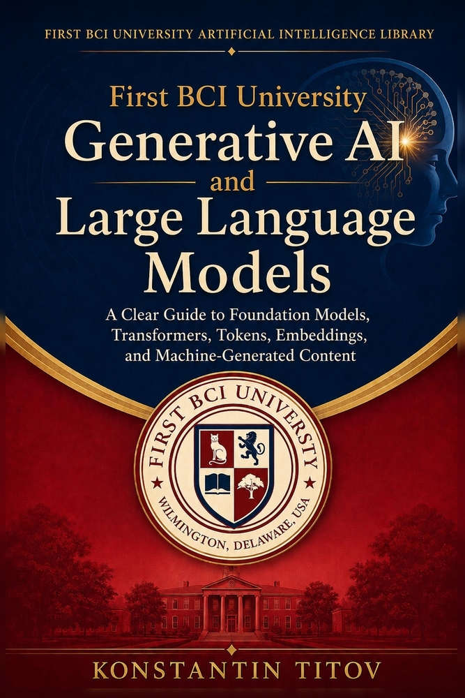 First BCI University Generative AI and Large Language Models: A Clear Guide to Foundation Models, Transformers, Tokens, Embeddings, and Machine-Genera cover