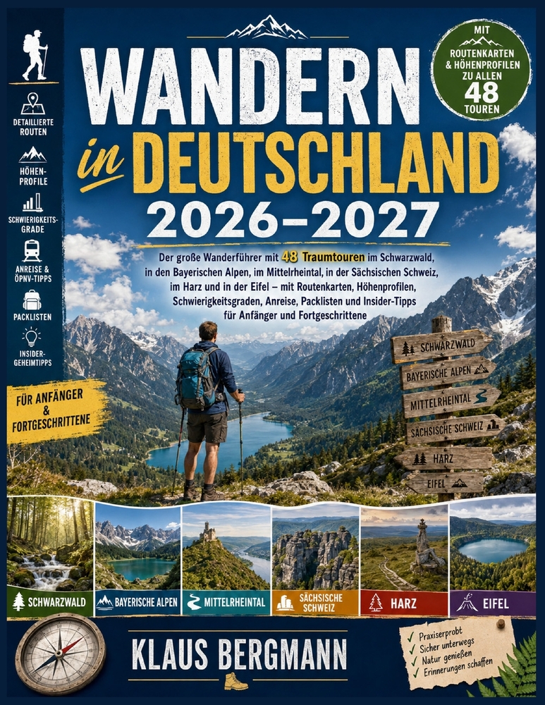 Wandern in Deutschland 2026-2027: 48 Traumtouren durch Schwarzwald, Bayerische Alpen, Mittelrheintal, Sächsische Schweiz, Harz und Eifel - mit Karten, cover