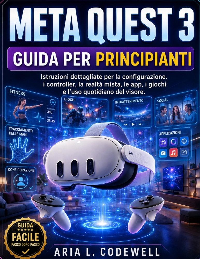 Meta Quest 3 Guida Per Principianti: Istruzioni dettagliate per la configurazione, i controller, la realtà mista, le app, i giochi e l'uso quotidiano cover
