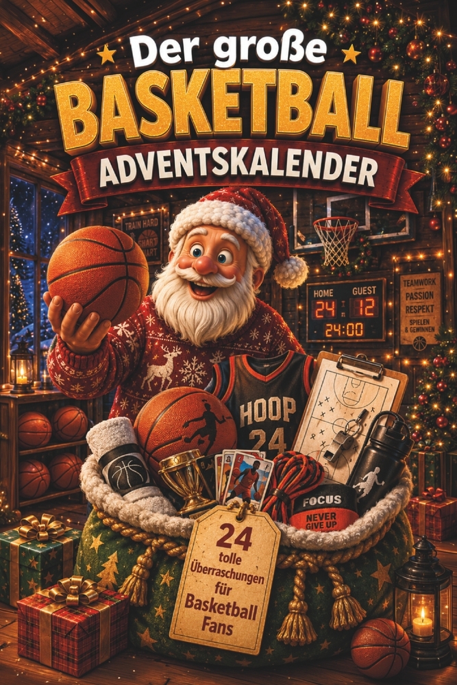 Der große Basketball-Adventskalender: 24 Türchen mit Fortsetzungsgeschichte, Quiz & Knobelspaß als Geschenk für Basketballer cover