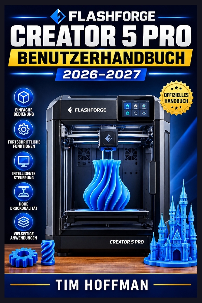 Flashforge Creator 5 Pro Benutzerhandbuch 2026-2027: Schritt-für-Schritt-Einrichtung, Mehrfarbdruck mit 4 Druckkopfen, Materialauswahl und Fehlerbeheb cover