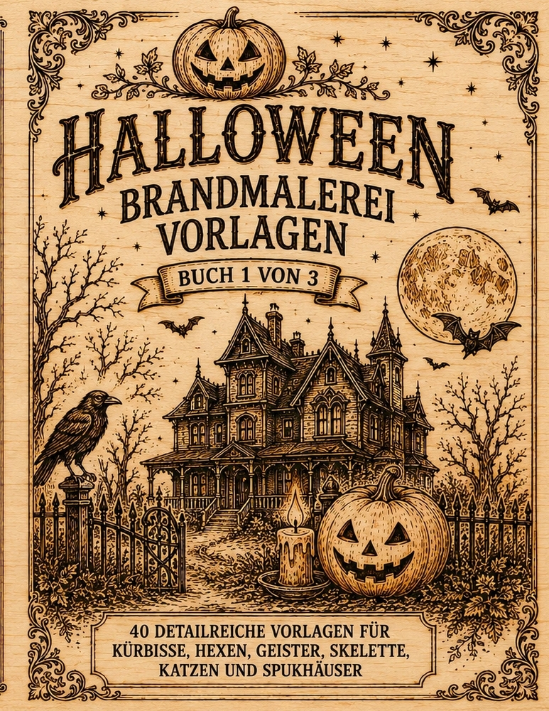 Brandmalerei Vorlagen: Vorlagebuch 1 von 3 Halloween Motive zum Abpausen, Übertragen und Brandmalen auf Holz Pyrographie Vorlagen für Kürbisse, Hexen, cover