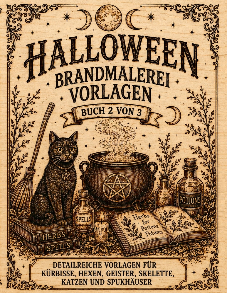Brandmalerei Vorlagen Halloween: Vorlagebuch 2 von 3 Halloween Motive zum Abpausen, Übertragen und Brandmalen auf Holz Pyrographie Vorlagen für Kürbis cover