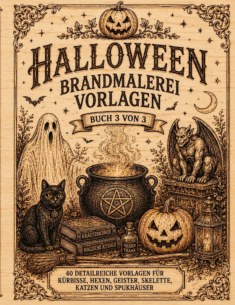 Halloween Brandmalerei Vorlagen: Vorlagebuch 3 von 3 Halloween Motive zum Abpausen, Übertragen und Brandmalen auf Holz Pyrographie Vorlagen für Kürbis cover