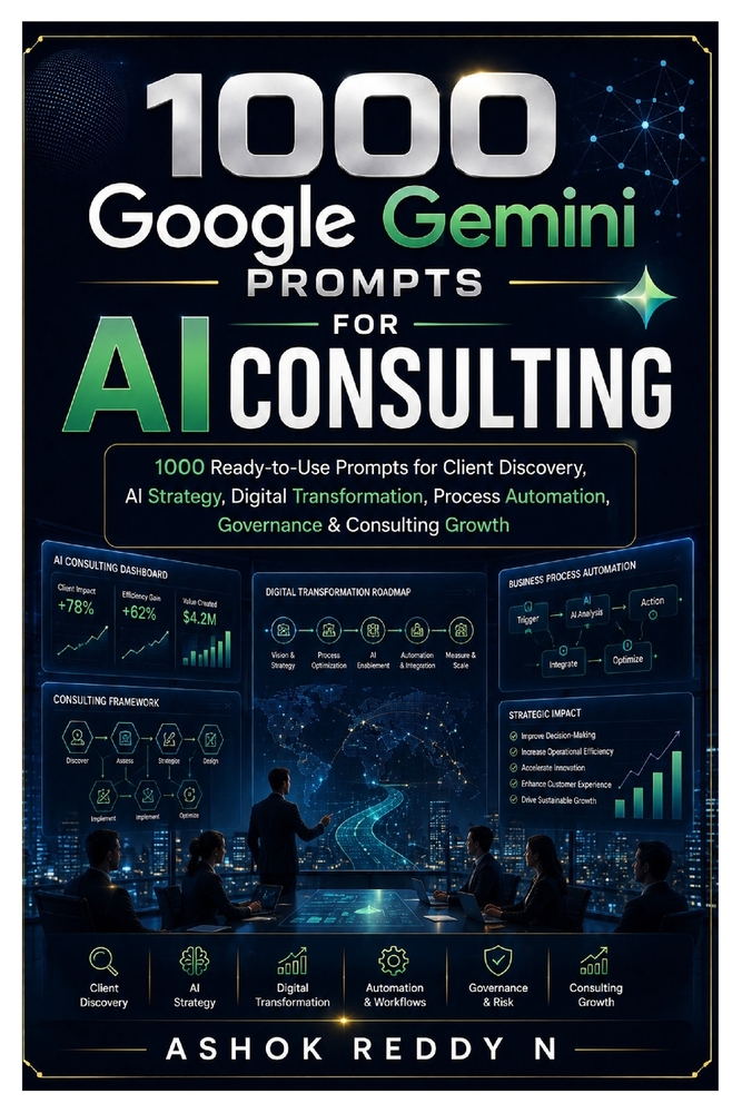 1000 Google Gemini Prompts for AI Consulting: 1000 Ready-to-Use Prompts for Client Discovery, AI Strategy, Digital Transformation, Process Automation, cover