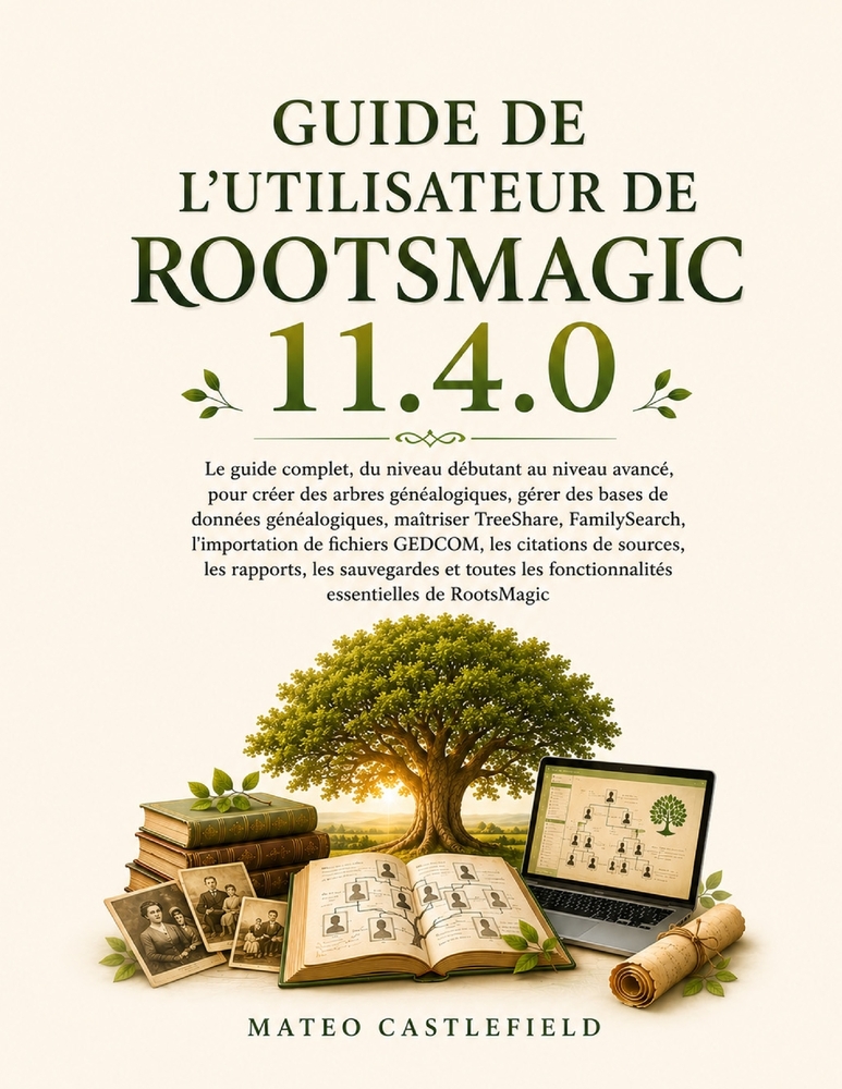 Guide de l'Utilisateur de Rootsmagic 11.4.0: Le guide complet, du niveau débutant au niveau avancé, pour créer des arbres généalogiques, gérer des bas cover
