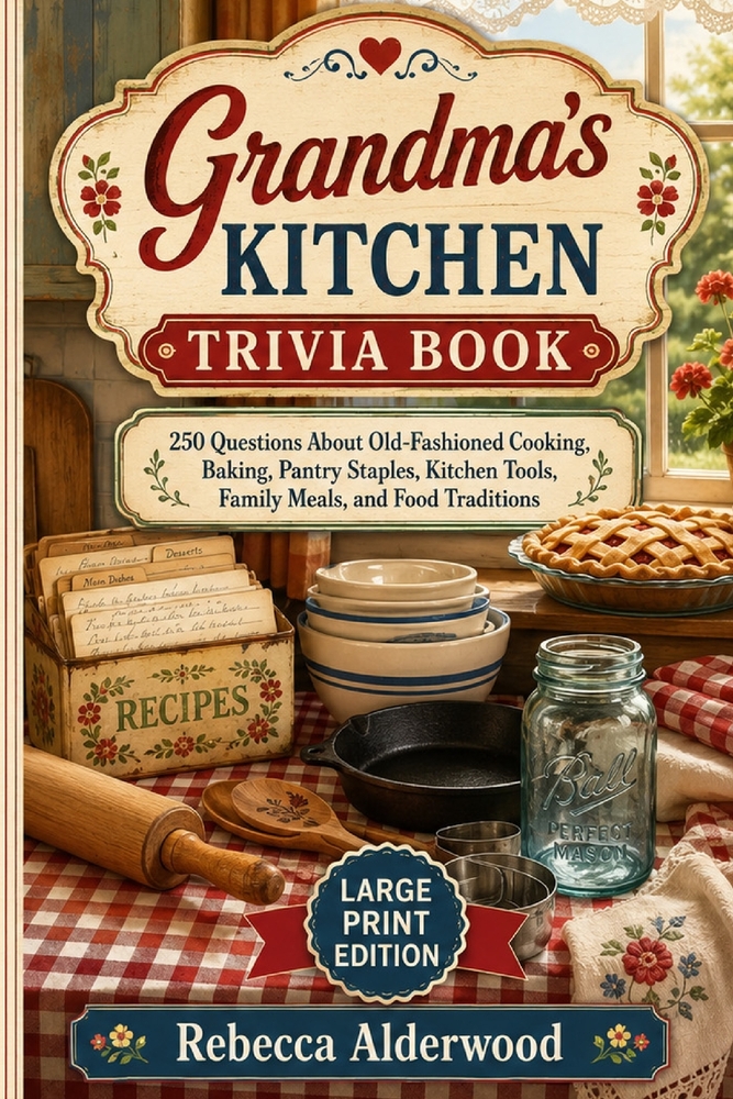 Grandma's Kitchen Trivia Book: 250 Questions About Old-Fashioned Cooking, Baking, Pantry Staples, Kitchen Tools, Family Meals, and Food Traditions cover