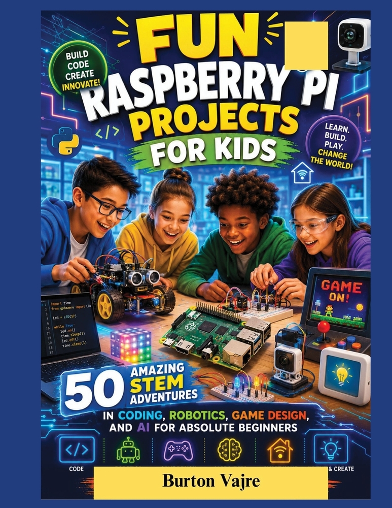 Fun Raspberry Pi Projects for Kids: 50 Amazing STEM Adventures in Coding, Robotics, Game Design, and AI for Absolute Beginners cover