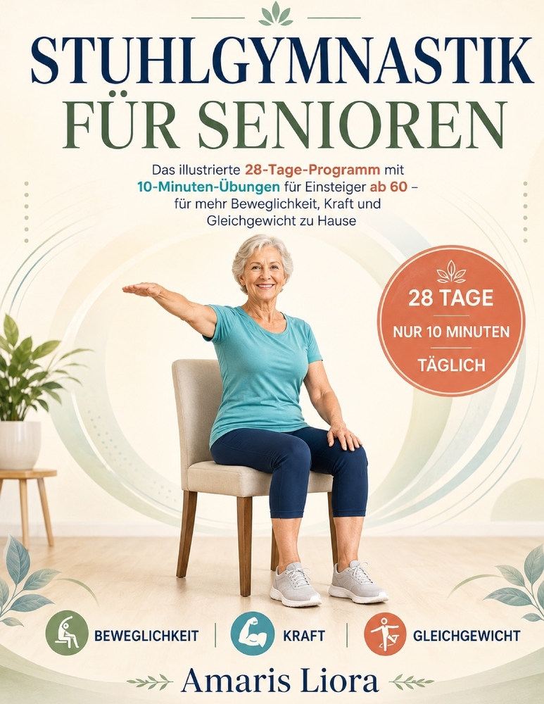 Stuhlgymnastik Für Senioren: Das illustrierte 28-Tage-Programm mit 10-Minuten-Übungen für Einsteiger ab 60 - für mehr Beweglichkeit, Kraft und Gleichg cover