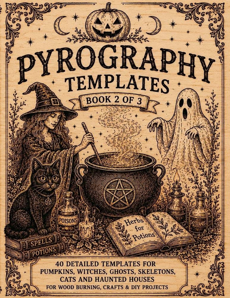 Pyrography Templates Halloween: Book 1 of 3 Tracing Templates for Pyrography and Wood Burning Halloween Patterns Featuring Pumpkins, Witches, Ghosts, cover