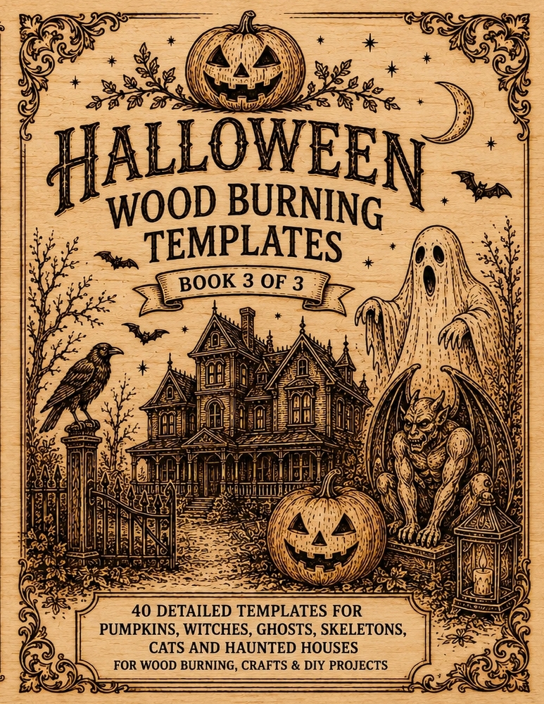 Halloween Wood Burning Patterns: Book 3 of 3 Tracing Templates for Pyrography and Wood Burning Halloween Patterns Featuring Pumpkins, Witches, Ghosts, cover