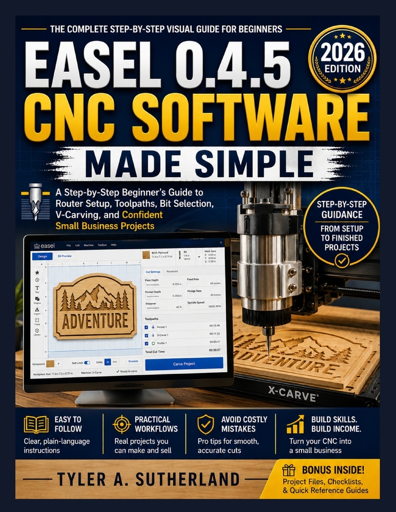 Easel 0.4.5 CNC Software Made Simple: A Step-by-Step Beginner's Guide to Router Setup, Toolpaths, Bit Selection, V-Carving, and Confident Small Busine cover