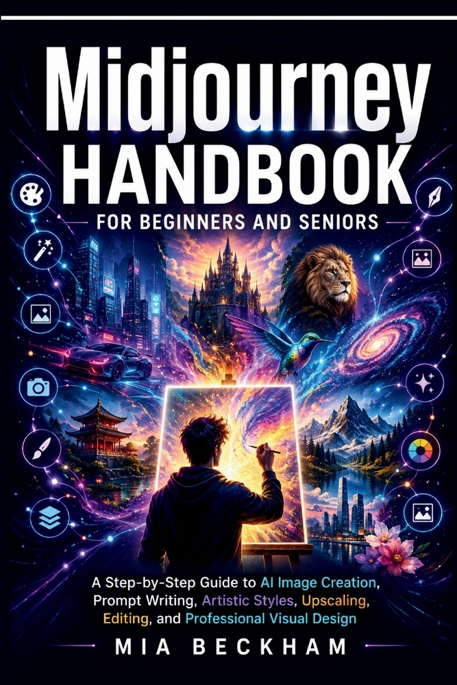 Updated Midjourney Handbook for Beginners and Seniors: A Step-by-Step Guide to AI Image Creation, Prompt Writing, Artistic Styles, Upscaling, Editing, cover