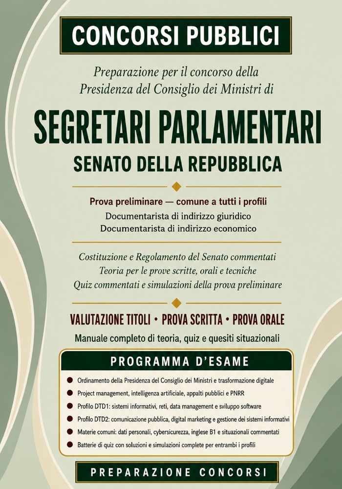 Manuale per il Concorso Segretari Parlamentari Senato della Repubblica 2026: Prova preliminare per tutti i profili e materie dei profili di documentar cover