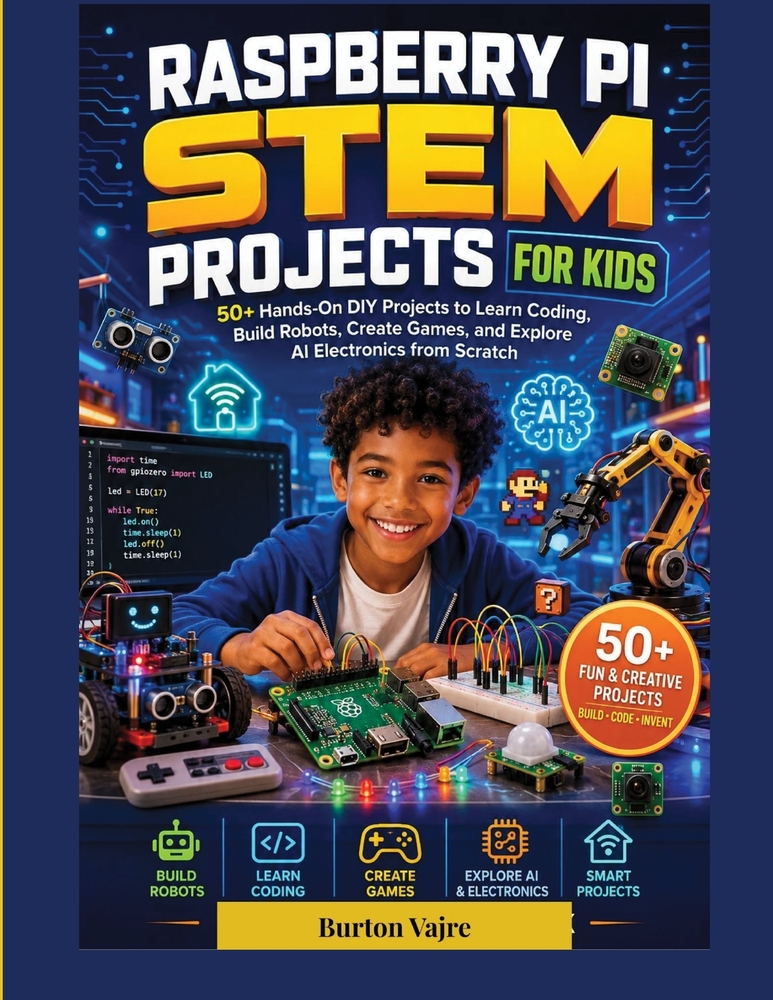 Raspberry Pi Stem Projects for Kids: 50+ Hands-On DIY Projects to Learn Coding, Build Robots, Create Games, and Explore AI Electronics from Scratch cover