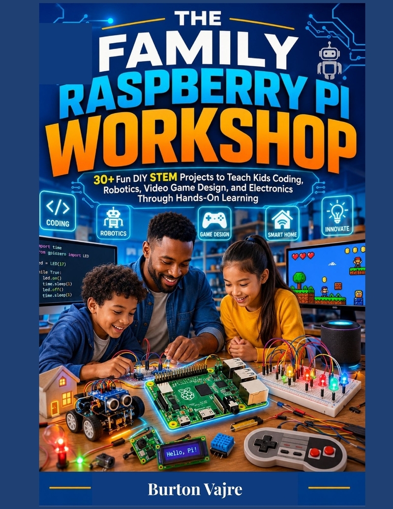 The Family Raspberry Pi Workshop: 30+ Fun DIY STEM Projects to Teach Kids Coding, Robotics, Video Game Design, and Electronics Through Hands-On Learni cover