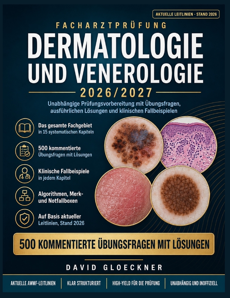 Facharztprüfung Dermatologie und Venerologie 2026/2027: Unabhängige Prüfungsvorbereitung mit Übungsfragen, ausführlichen Lösungen und klinischen Fallb cover