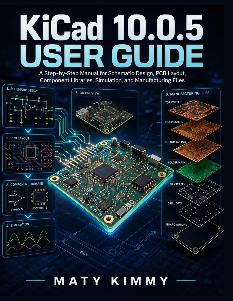 KiCAD 10.0.5 User Guide: A Step-by-Step Manual for Schematic Design, PCB Layout, Component Libraries, Simulation, and Manufacturing Files cover