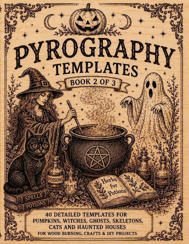 Wood Burning Patterns: Book 2 of 3 Tracing Templates for Pyrography and Wood Burning Halloween Patterns Featuring Pumpkins, Witches, Ghosts, Skeletons cover