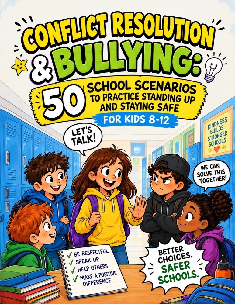 Conflict Resolution & Bullying: 50 School Scenarios to Practice Standing Up and Staying Safe for Kids 8-12 cover