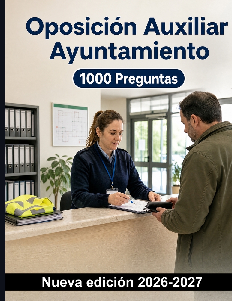 Oposición Auxiliar Ayuntamiento: 1000 Preguntas test corregidas: Preparación sobre seguridad, evacuación, control de accesos, informes, registro docum cover