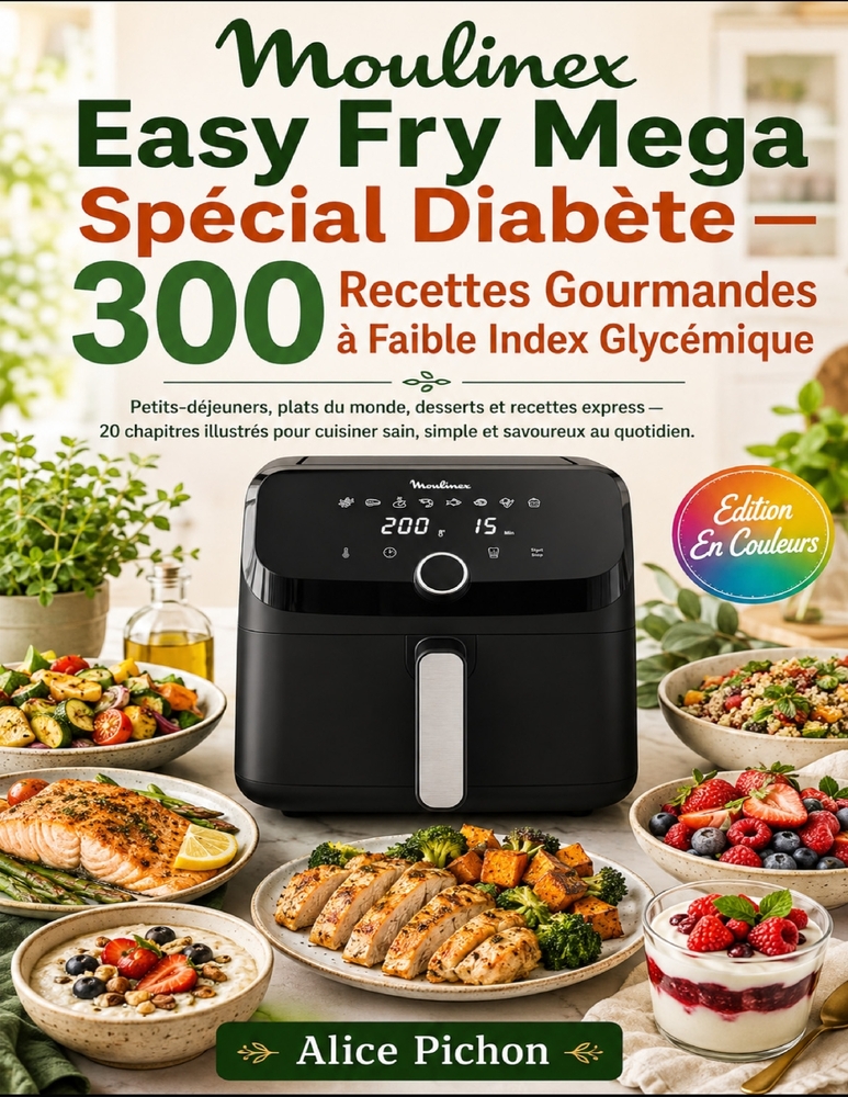 Moulinex Easy Fry Mega Spécial Diabète - 300 Recettes Gourmandes à Faible Index Glycémique: Petits-déjeuners, plats du monde, desserts et recettes exp cover