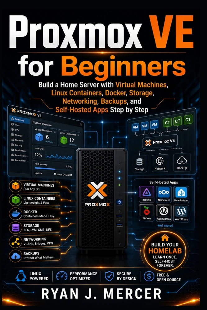 Proxmox VE for Beginners: Build a Home Server with Virtual Machines, Linux Containers, Docker, Storage, Networking, Backups, and Self-Hosted Apps Step cover